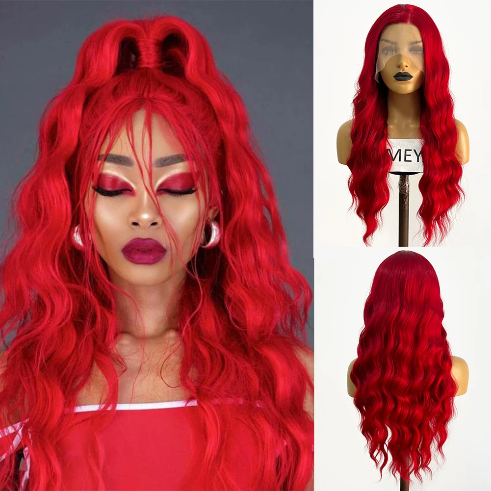 AIMEYA Long Red Wigs for Black Women Synthetic Cosplay Party Wig Synthetic Lace Wig Natural Hairline Deep Wave Wig Lace Frontal