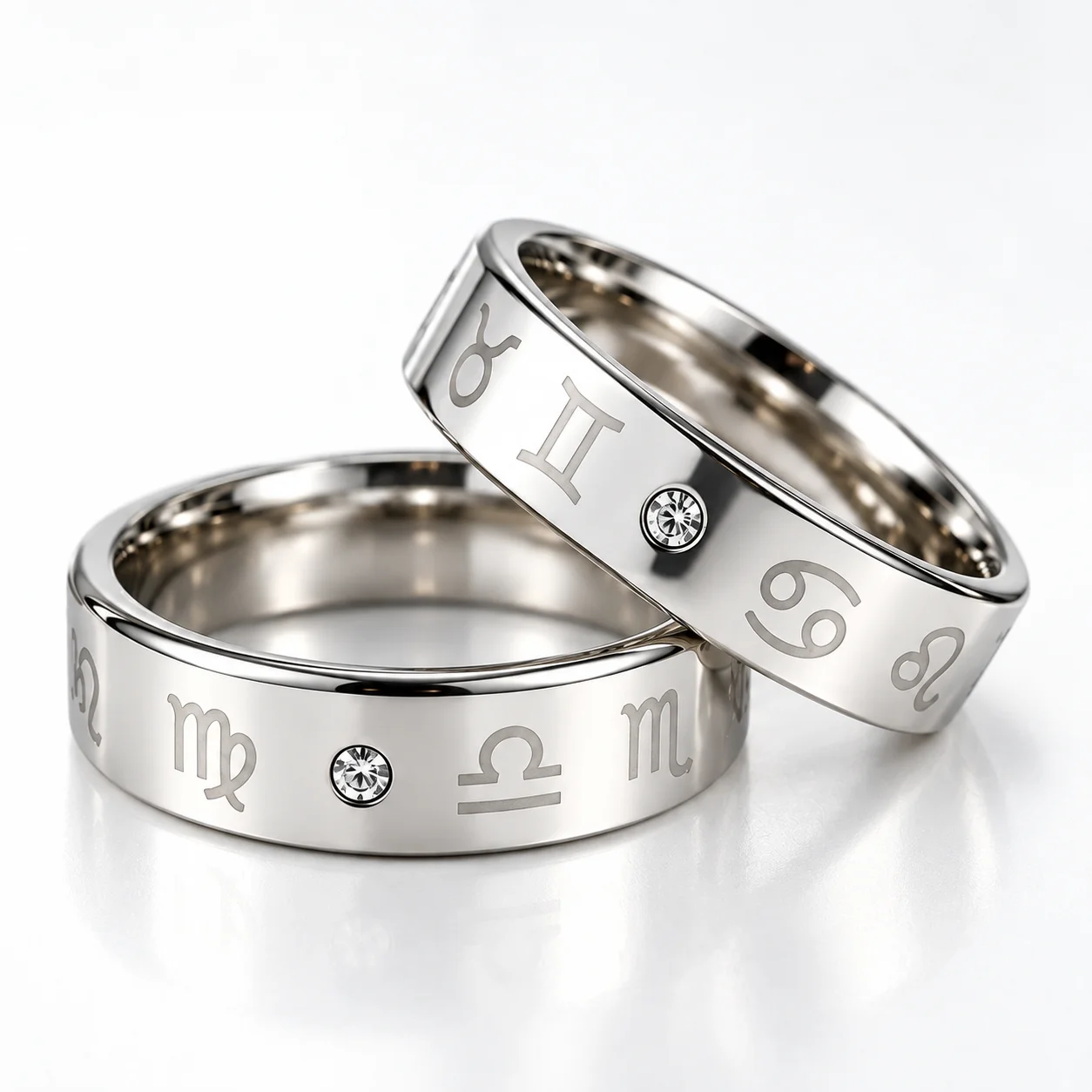 20Pcs/Lot Zodiac Rings Stainless Steel 12 Constellations Engraved CZ Crystal Band Unisex Men Women Lucky Jewelry Wholesale Bulk