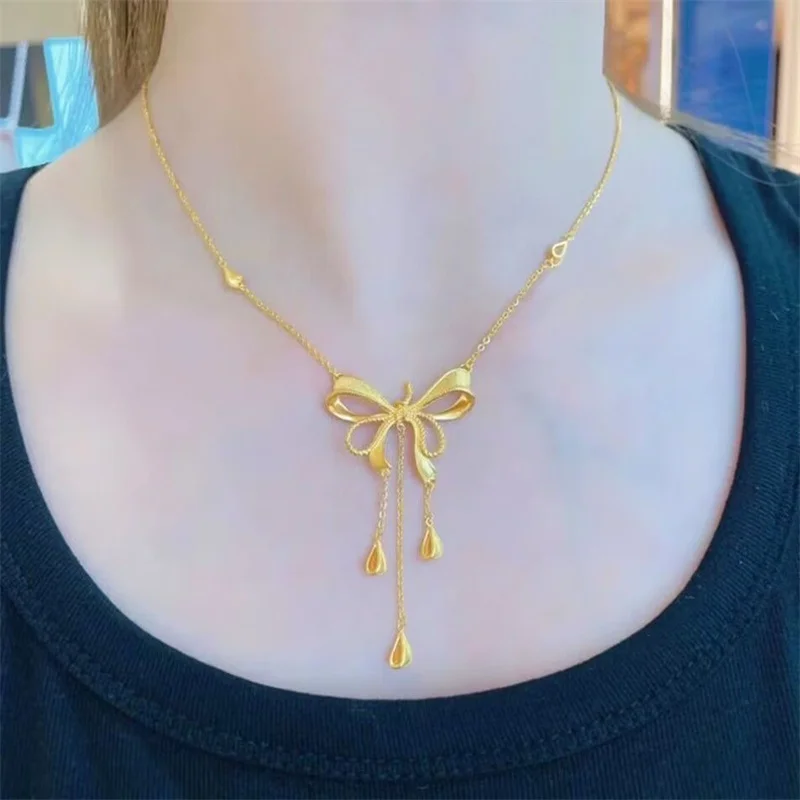 

Women's 999 Gold Necklace with 18K Gold Ribbon Bow Tassel,Luxury Fashionable,Elegant Jewelry Gift for Engagement Birthday Party