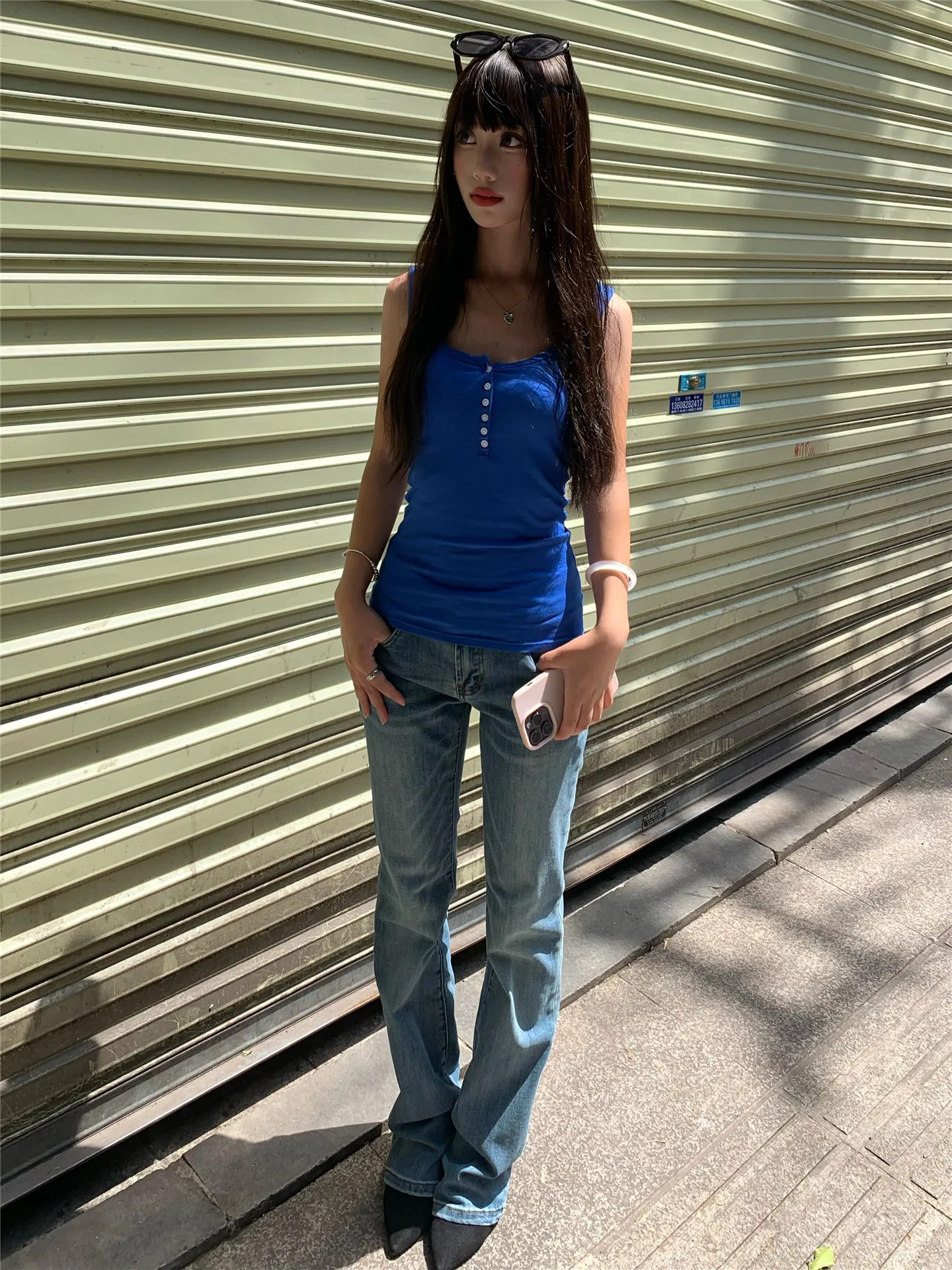 

Extended Length American Street Style Retro Blue Low Waist Flared Denim Jeans Women Slimming Leggings Floor Length Pants