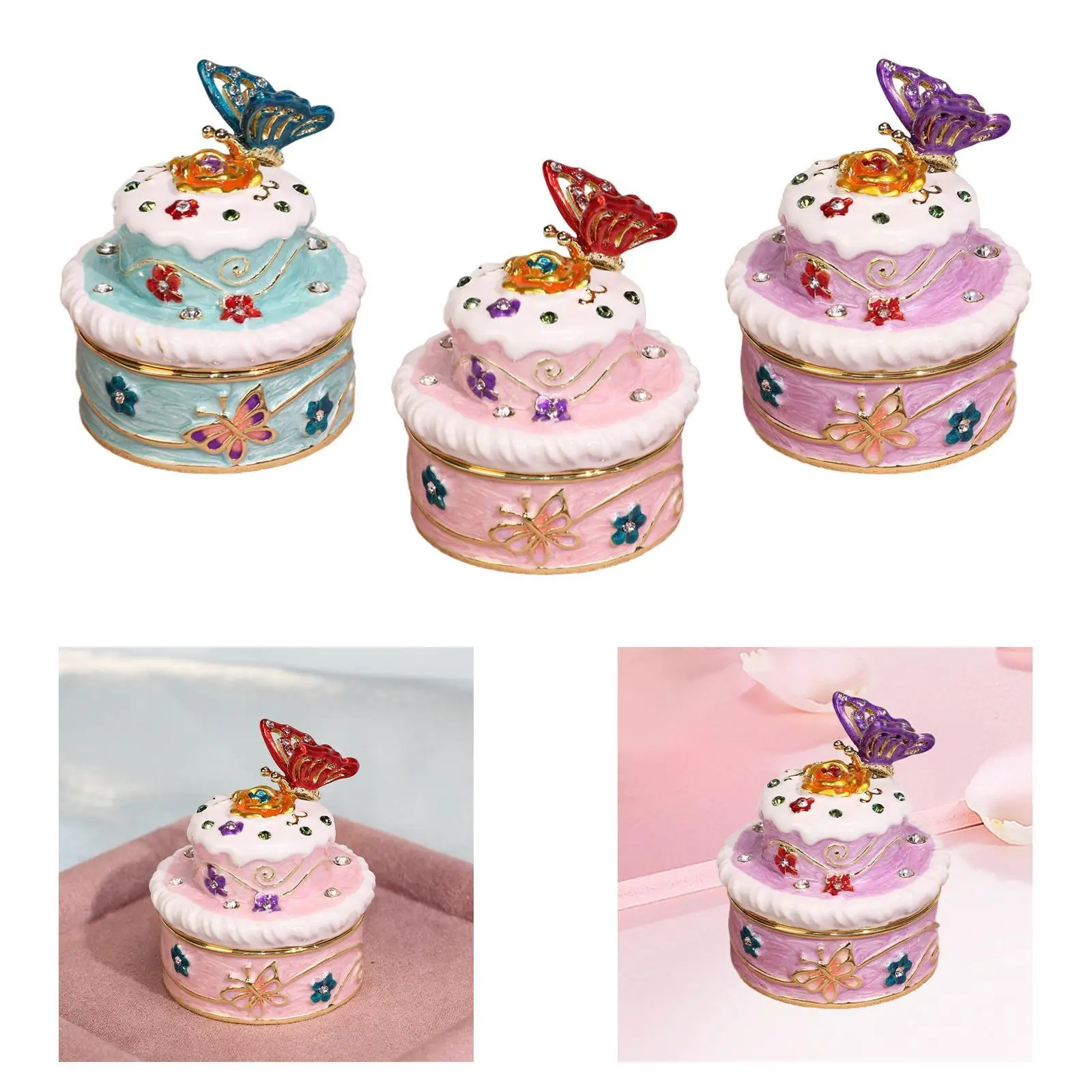 Jewelry Box Cake Sculpture Accessory with Lid Alloy Ornament Decoration Portable Storage Case Organizer for Hairpins Mom