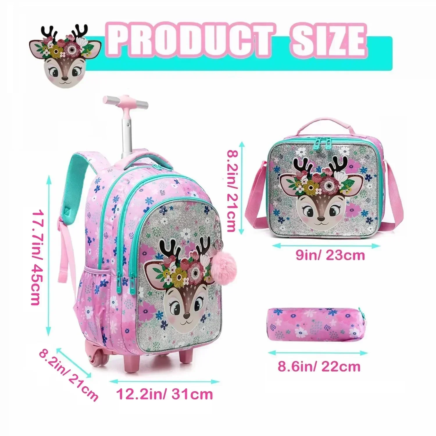 3PCS School Backpacks for Children School Wheeled Backpack for Girl Boys School Bag with Wheels Trolley Luggage Elementary Bag