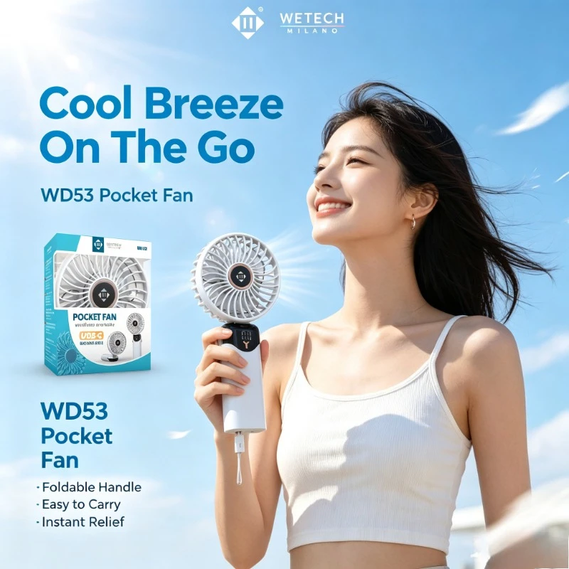 Ventilatore Portatile Tascabile con Cordino Anti-smarrimento 180 ° Design pieghevole, ricarica USB Type-C, batteria da 1500 mAh, 6 velocità, display