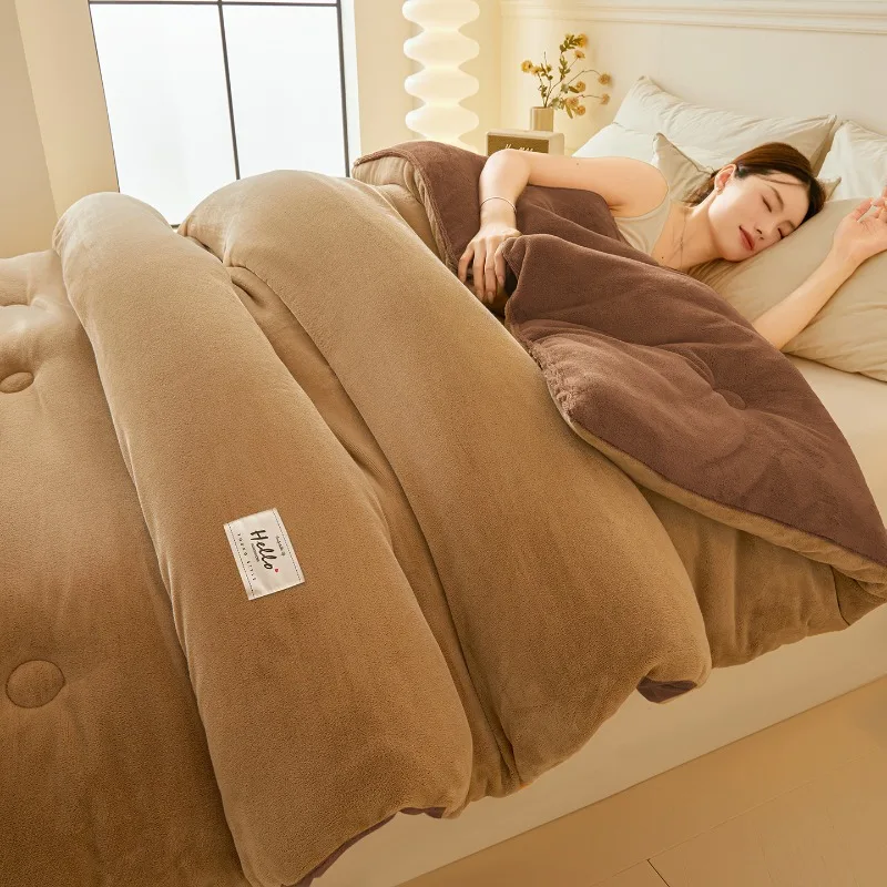 Solid Color Thickened Milk Fleece Winter Quilt Double Sided Flannel Warm Bed Blanket Single Double Fluffy Soft Plush Comforter