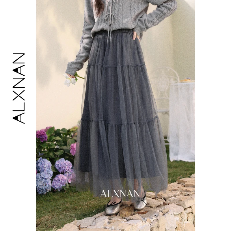 

ALXNAN Gray Tulle Midi Skirt Women 2026 Spring French Style Long A-line Tulle Skirt High Waist Elegant Beach Long Skirts L61252