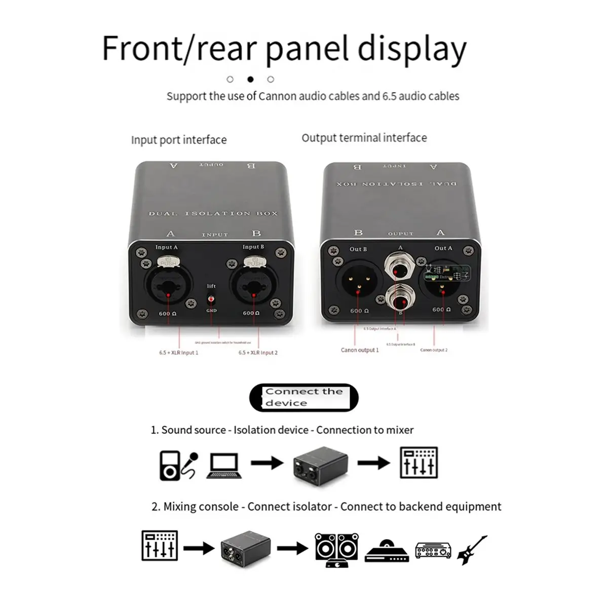 Dual-Channel Audio Isolator Professional XLR Audio Isolator Eliminating Current Hum Noise Transformer 6.5mm Jack Coupler