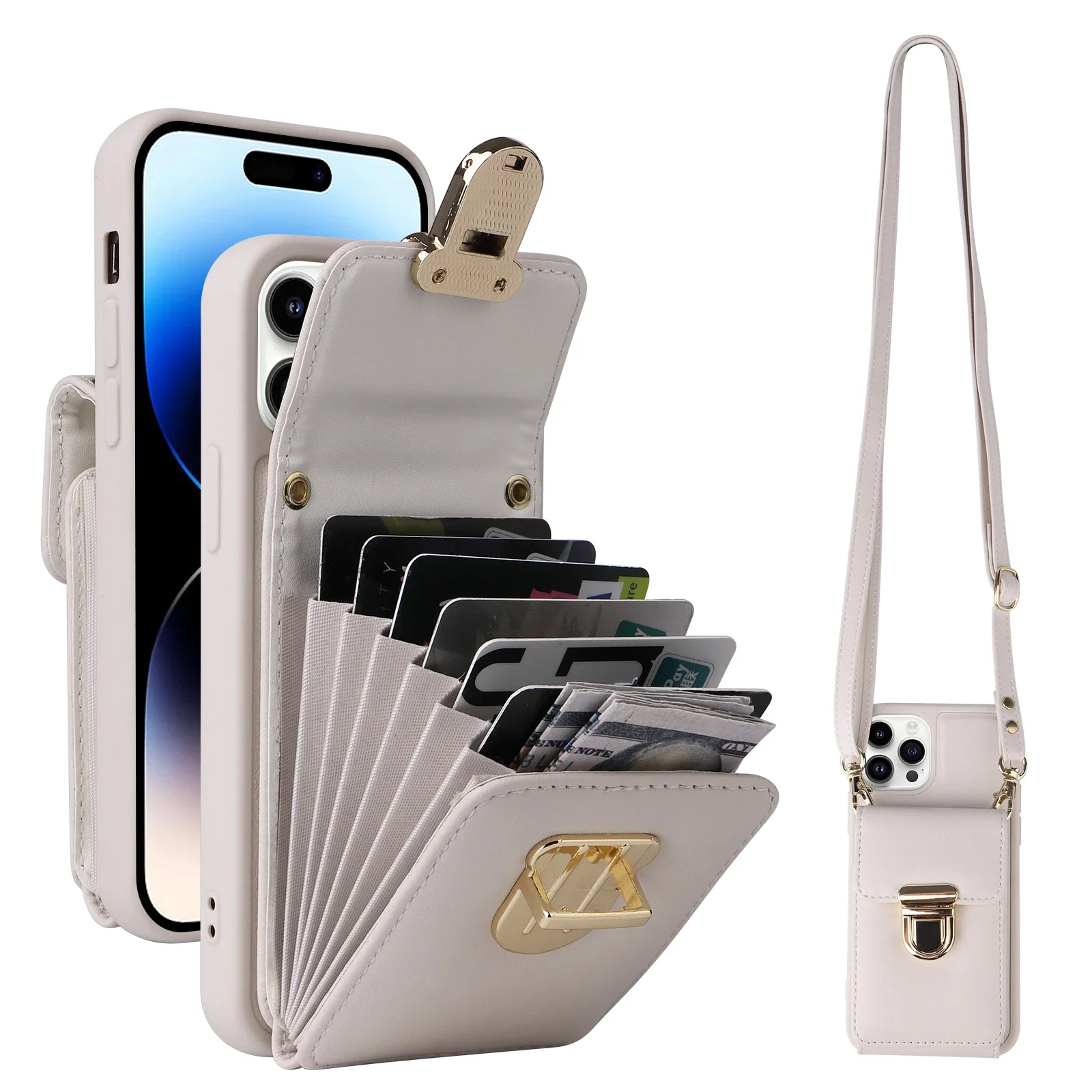 Leather Crossbody Lanyard Phone Case for IPhone 16 15 14 13 12 11 Pro XR XS Max 8 Plus Wallet with Card Holder Back Stand Cover