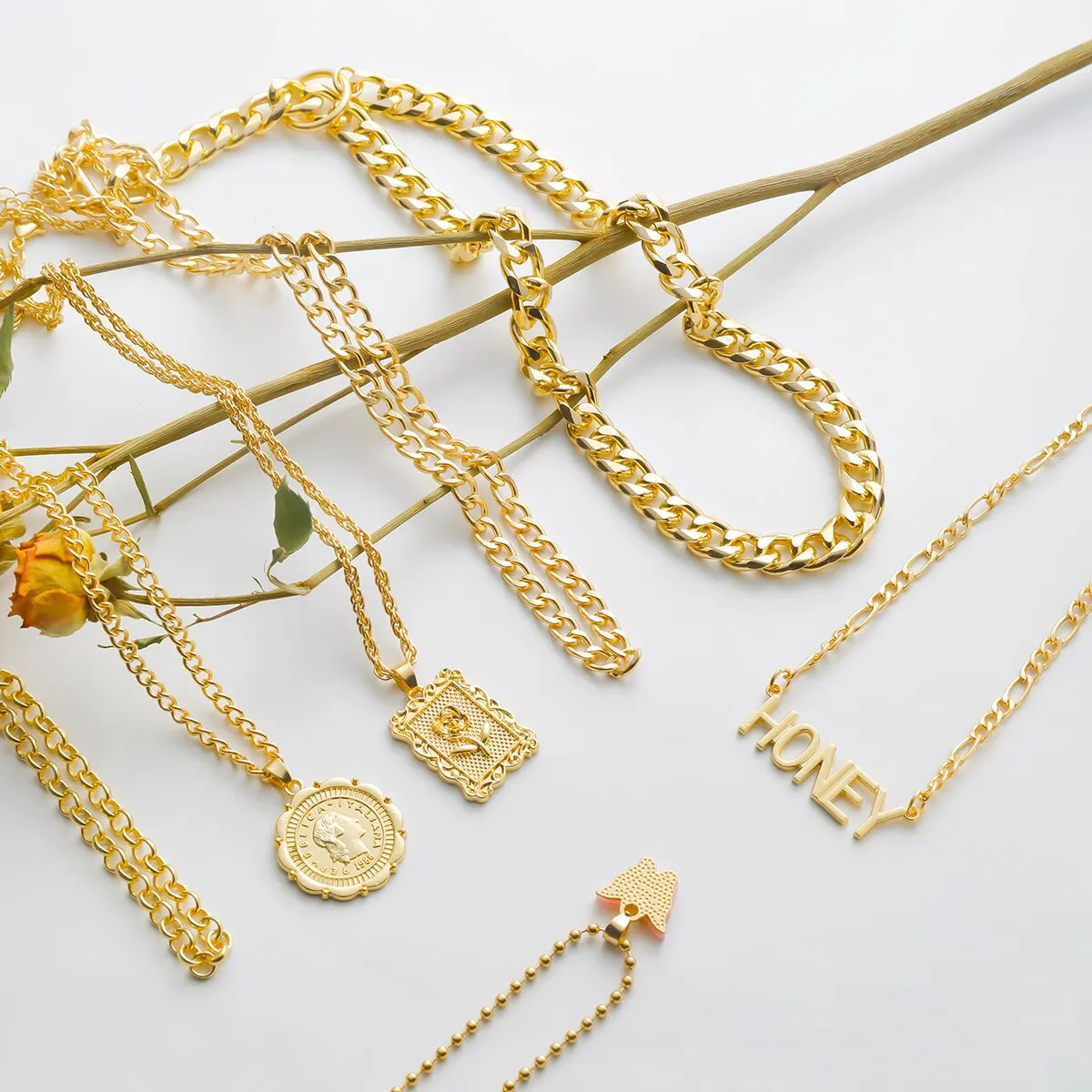 7Pcs/Set Punk Butterfly Coin Rose Flower Pendant Necklace for Women Vintage OT Buckle Honey Chain Grunge Jewelry Steampunk New image 4