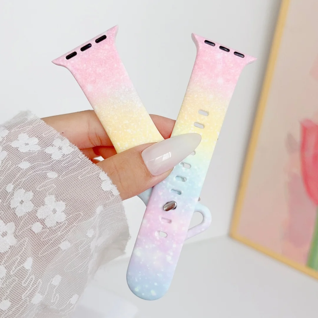 Rainbow Gradient Sparkle Silicone Strap for Apple Watch Band 38/40/41 42/44/45/49 S10/11 42/46mm Soft Wristband for iWatch 9 8 7