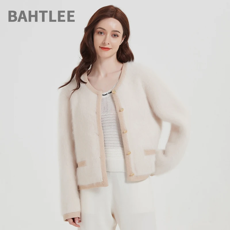 

BAHTLEE-Women's Angora Knitted Cardigans, Single-Breasted Sweater, Wool Coat, Long Sleeves, O-Neck, Pocket, Autumn