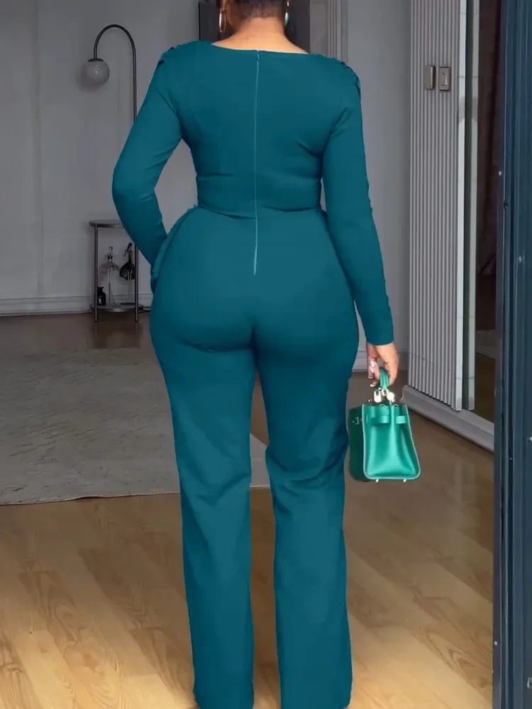 سوينغ طوق Ruched بذلة طويلة الأكمام الصلبة أنيقة مكتب السيدات غير المتماثلة هيم الخريف عادية خمر Ruched سليم السروال القصير #3