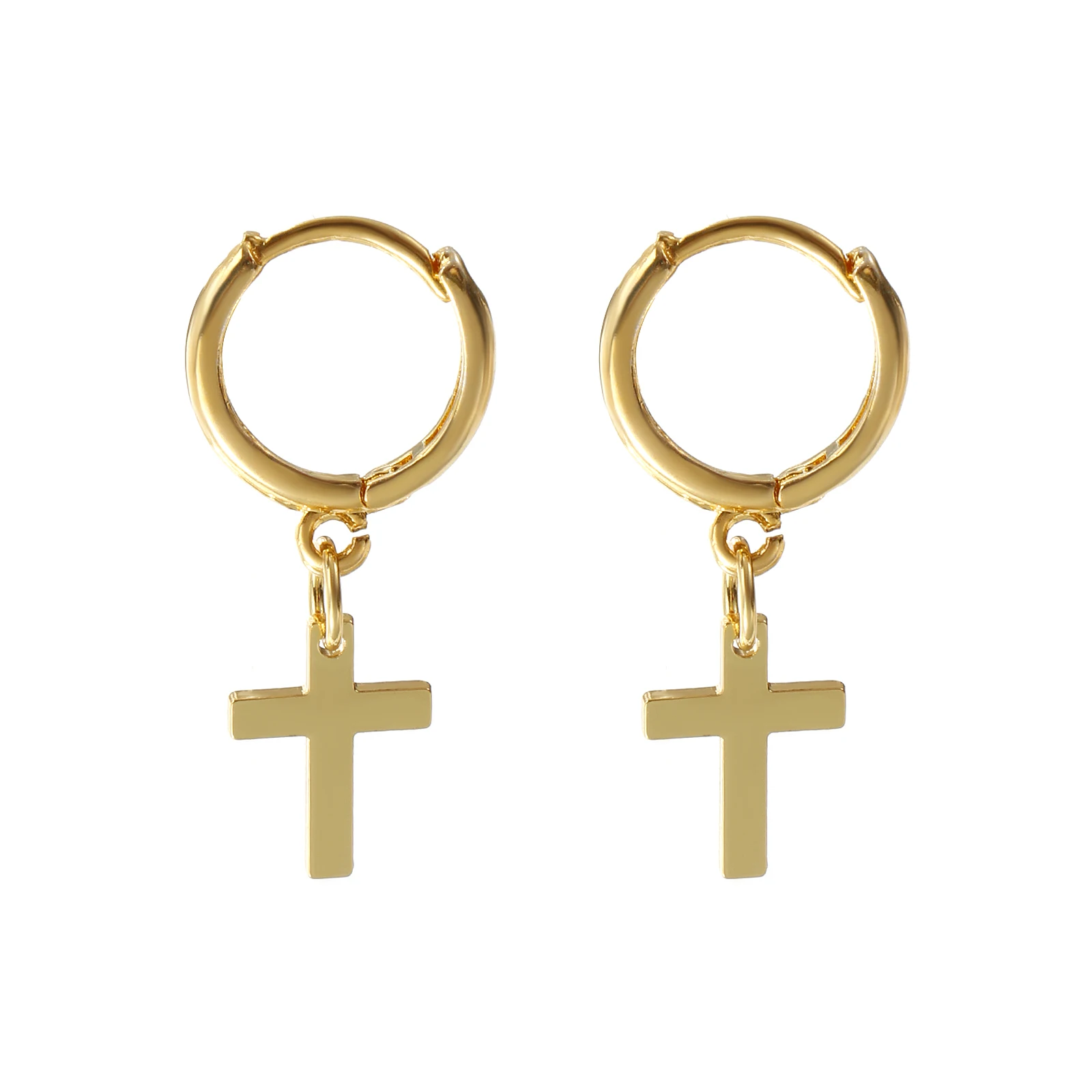 1Pair Exquisite Religious 18K Gold Plated Brass Cross Hoop Earrings For Women Gift 3.1cm x 1.4cm, Post/ Wire Size: 1mm(18 gauge)