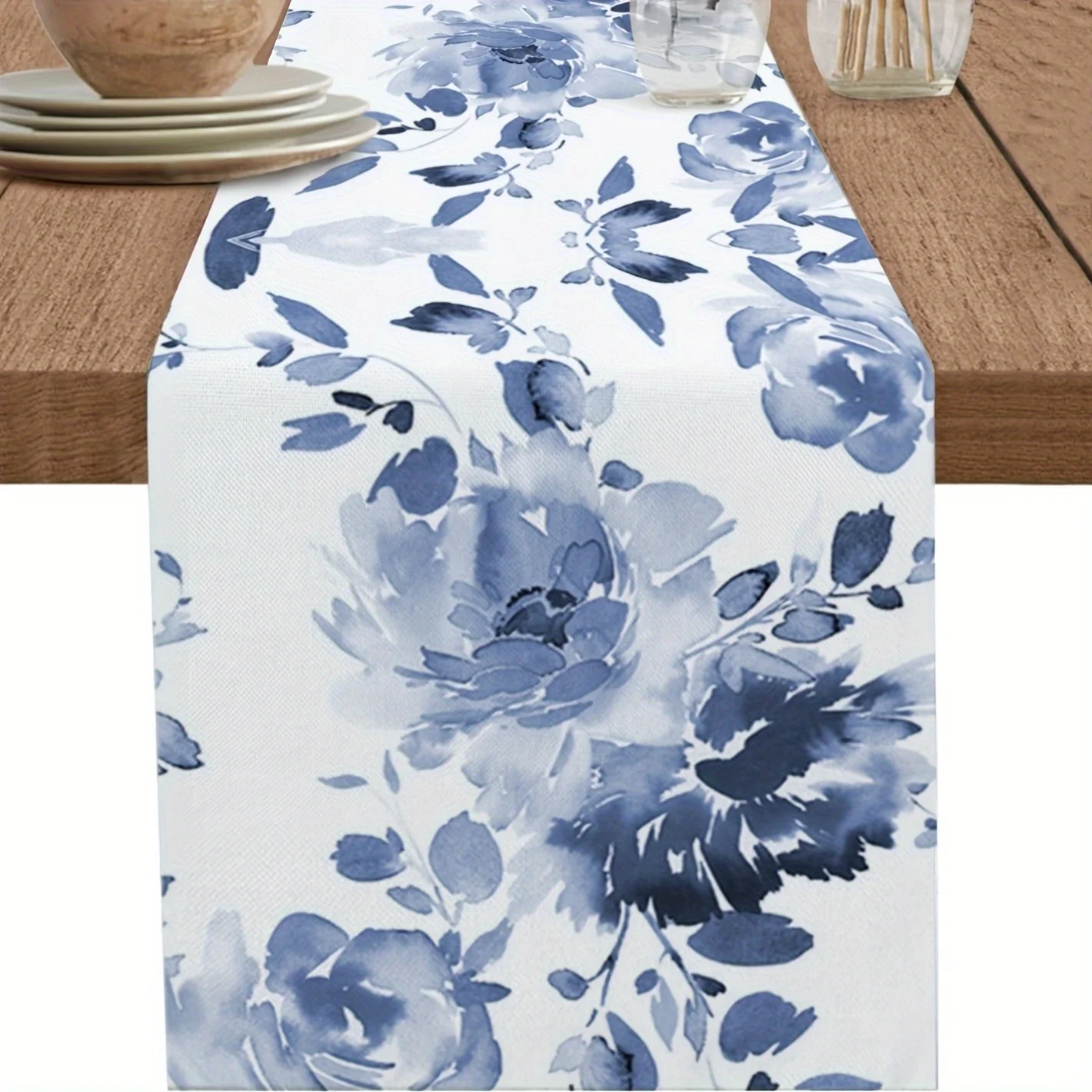 1 Stück eleganter blauer Aquarell-Tischläufer aus Leinen mit Blumenmuster |   Abstraktes Pflanzen-Frühlingsdekor |   Für Innen-/Außenessen/Party/Hochzeit