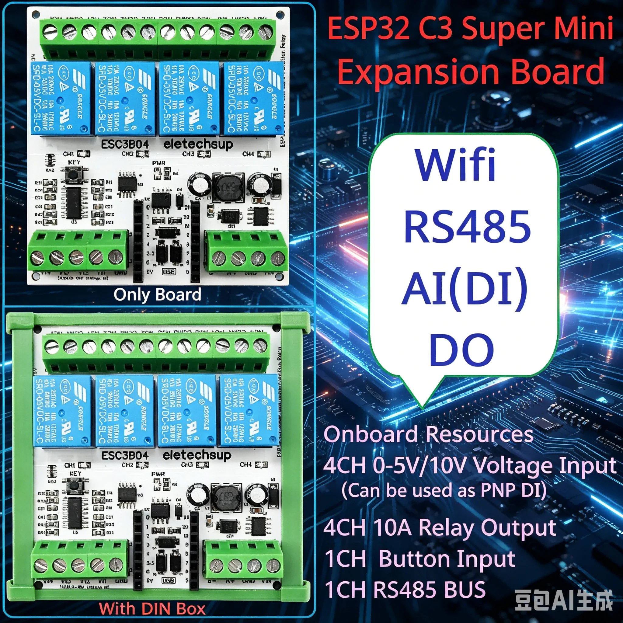 

ESP32 C3 Super Mini RS485 Relay Expansion Board for Smart Home IOT PLC with 4AI-4DO 0-10V Analog Input DC 9V 12V 24V Support