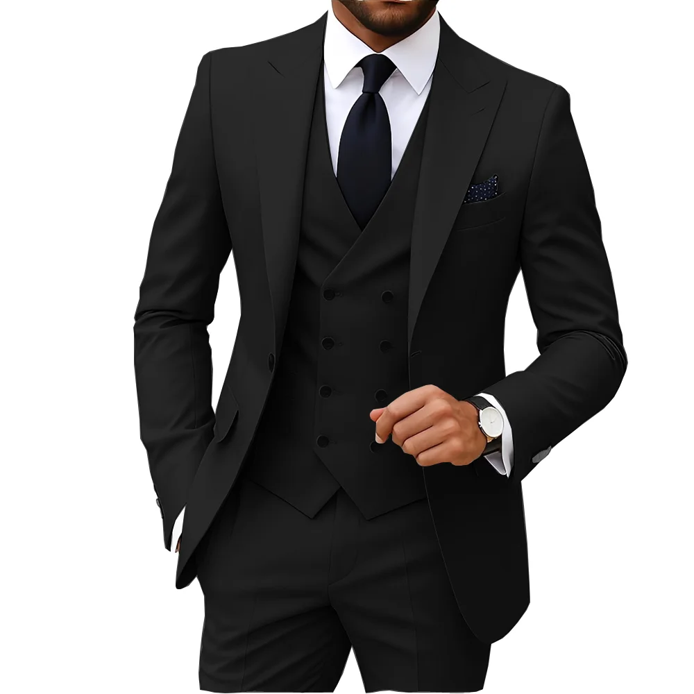 Men's Suits Regular Fit 3 Pieces Double Breasted Formal Business Tuxedos Blazer Vest Pants for Wedding Grooms