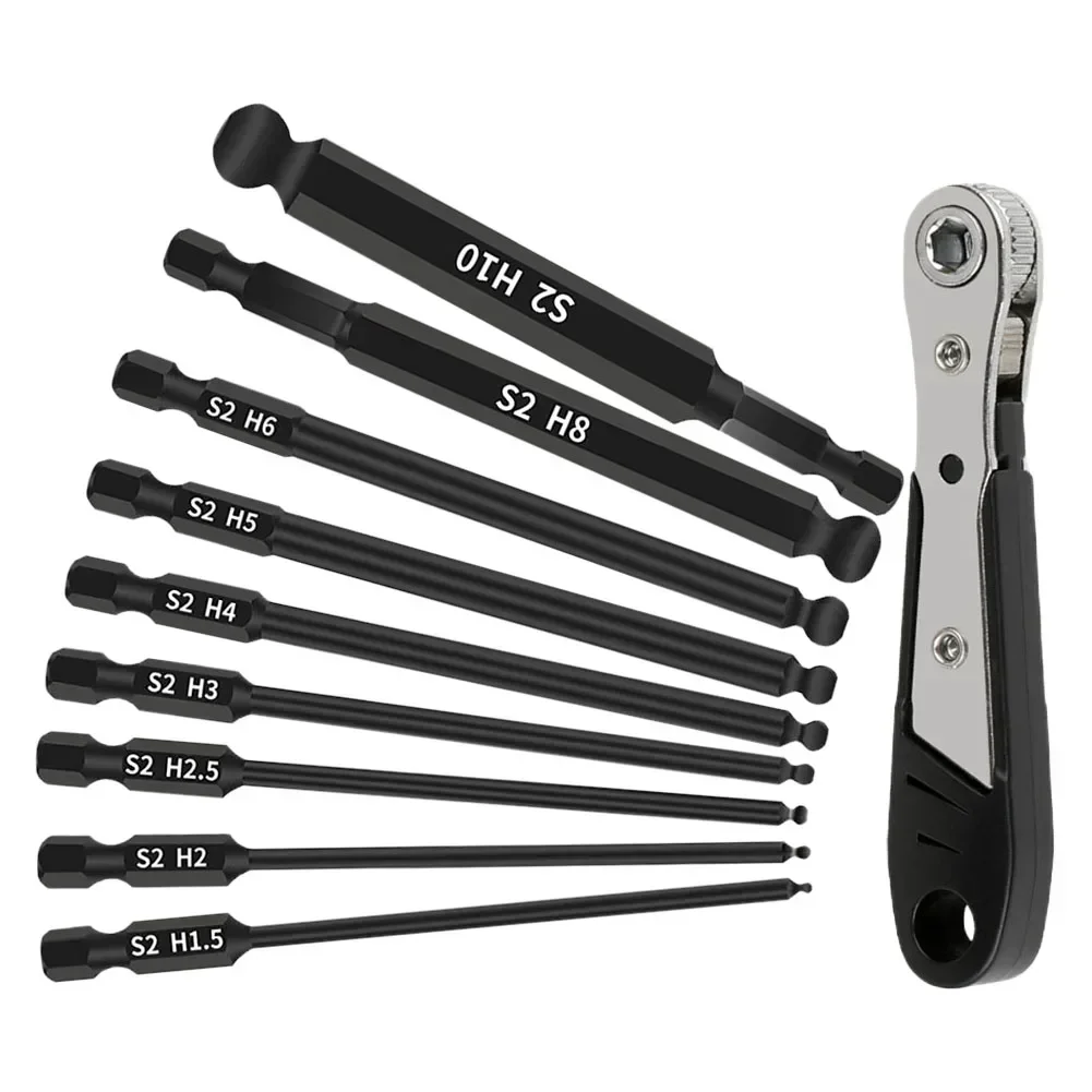 9Pc Ball End Screwdriver Bits Hex Head Wrench Drill Bit 100mm Hexagonal Shank Magentic With Ratchet Wrench Hand Tools