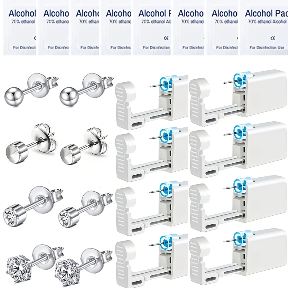 

24Pcs Ear Piercing Kit Disposable Ear Piercing Gun Kit with 8 Pcs Self Piercing Gun and 8 Pcs Earrings Stud 8 Pcs Cleaning Pads