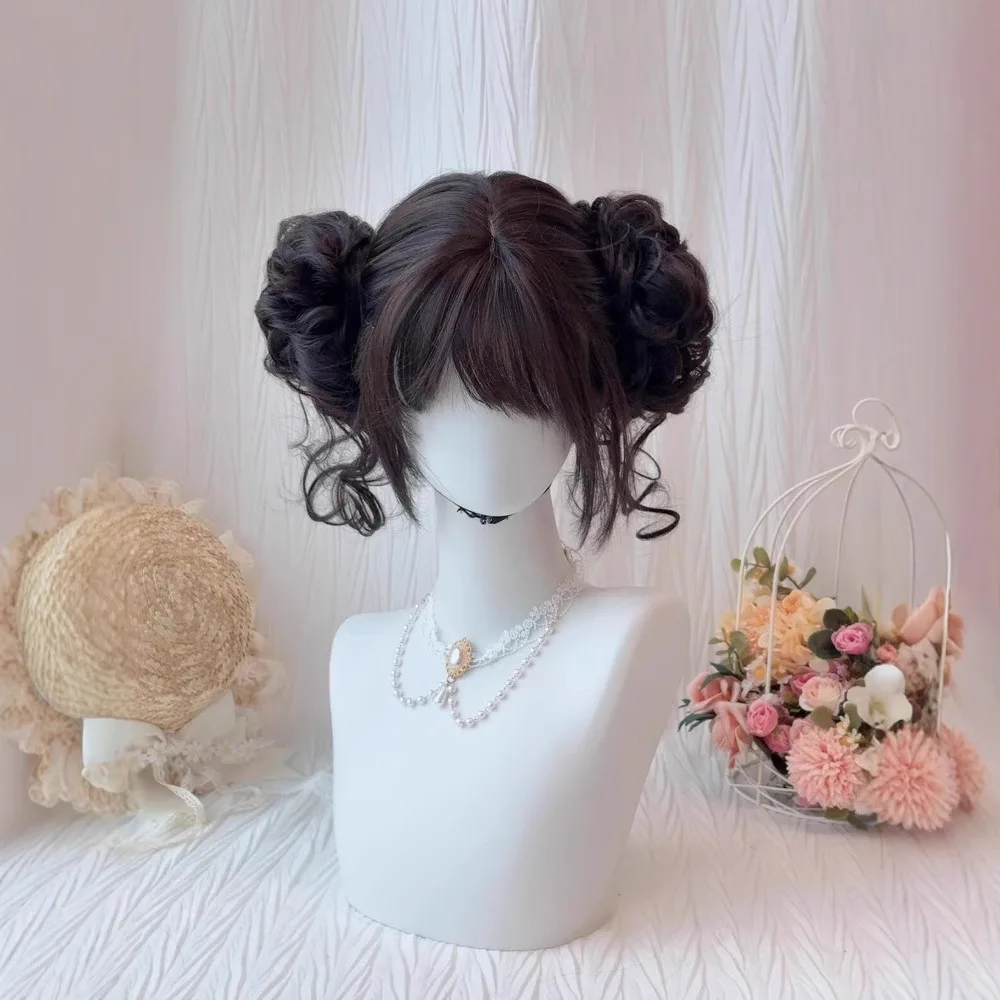 

Women's Double Bun Wig with Air Bangs Dark Brown Heat Resistant Synthetic Hair for Lolita & Cosplay