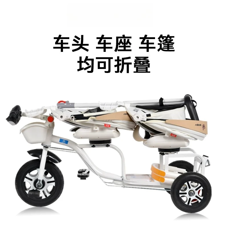 2 Seat Kids Tricycle Double Seat Children Tricycle Twin Baby Pedal Tricycle Foldable Push Stroller for Two Kids