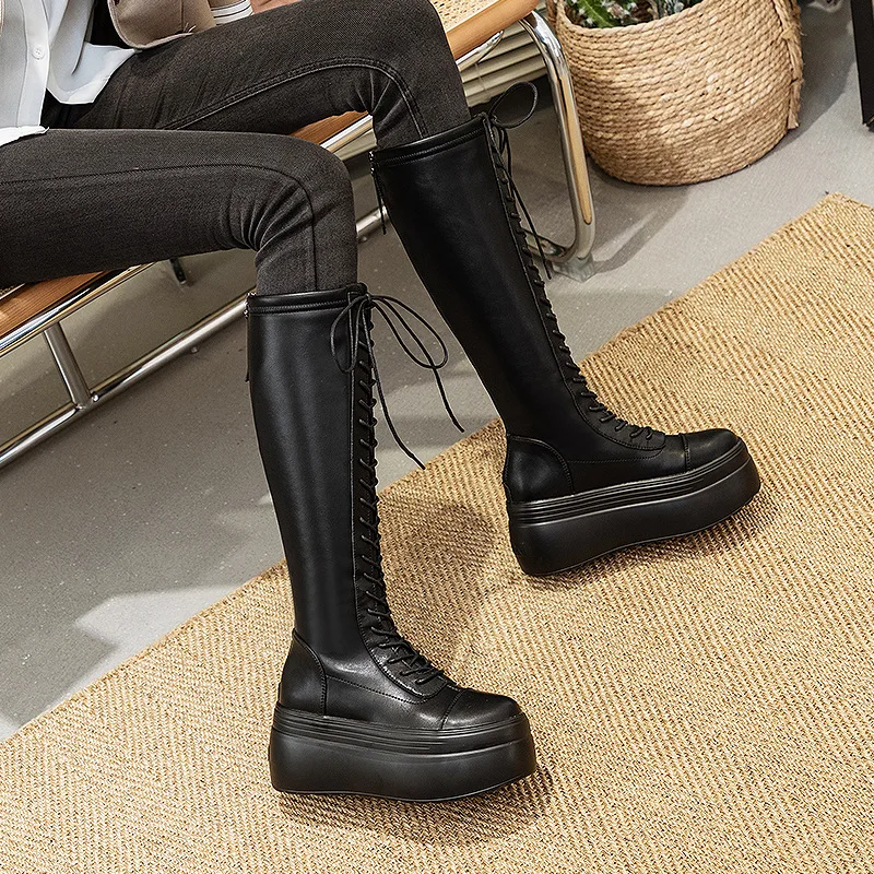 Fujin 8cm New Retro Genuine Leather Synthetic Platform Wedge British Knee High Boots ZIP Winter Women Ladies Non Slippery Shoes