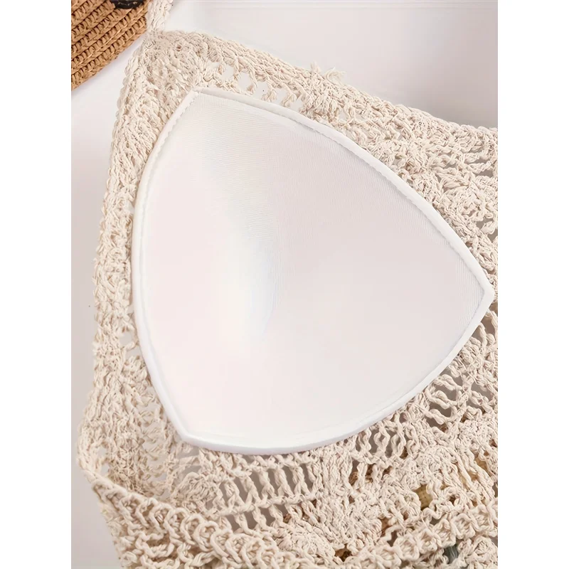 

Women Padded Cup Crochet Halter Bikini Top Hollow Open Knit Built-in Bra Boho Beach Swim Bathing Suit Top