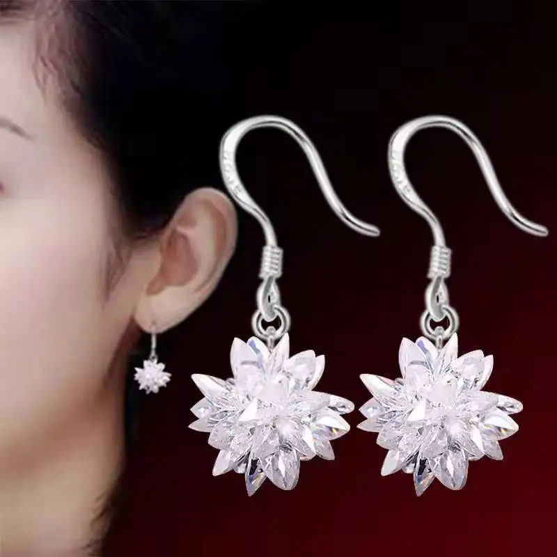 925 silver needle New Women\'s Fashion High Quality Earrings Crystal Ice Flower Long Tassel Zircon Earrings