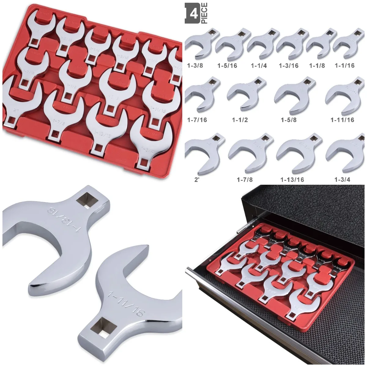 

14-Piece 1/2' Drive Jumbo Crowfoot Wrench Set, Chrome Vanadium, SAE 1-1/16' to 2', with Tray