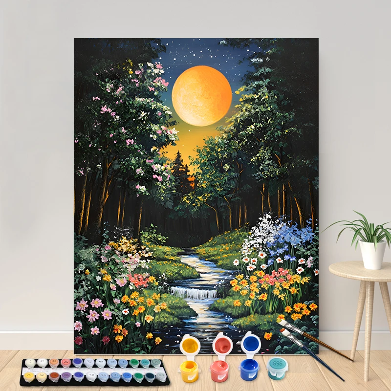 Painting By Numbers Full Moon Forest Creek Picture By Numbers For Home Decors Handpainted Diy Gift