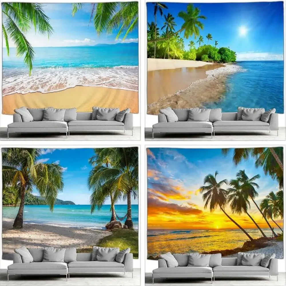 

HD-Океанский пейзажный гобелен, настенное искусство из пляжа и пальмы для гостиной, спальни или уличного домашнего декора
