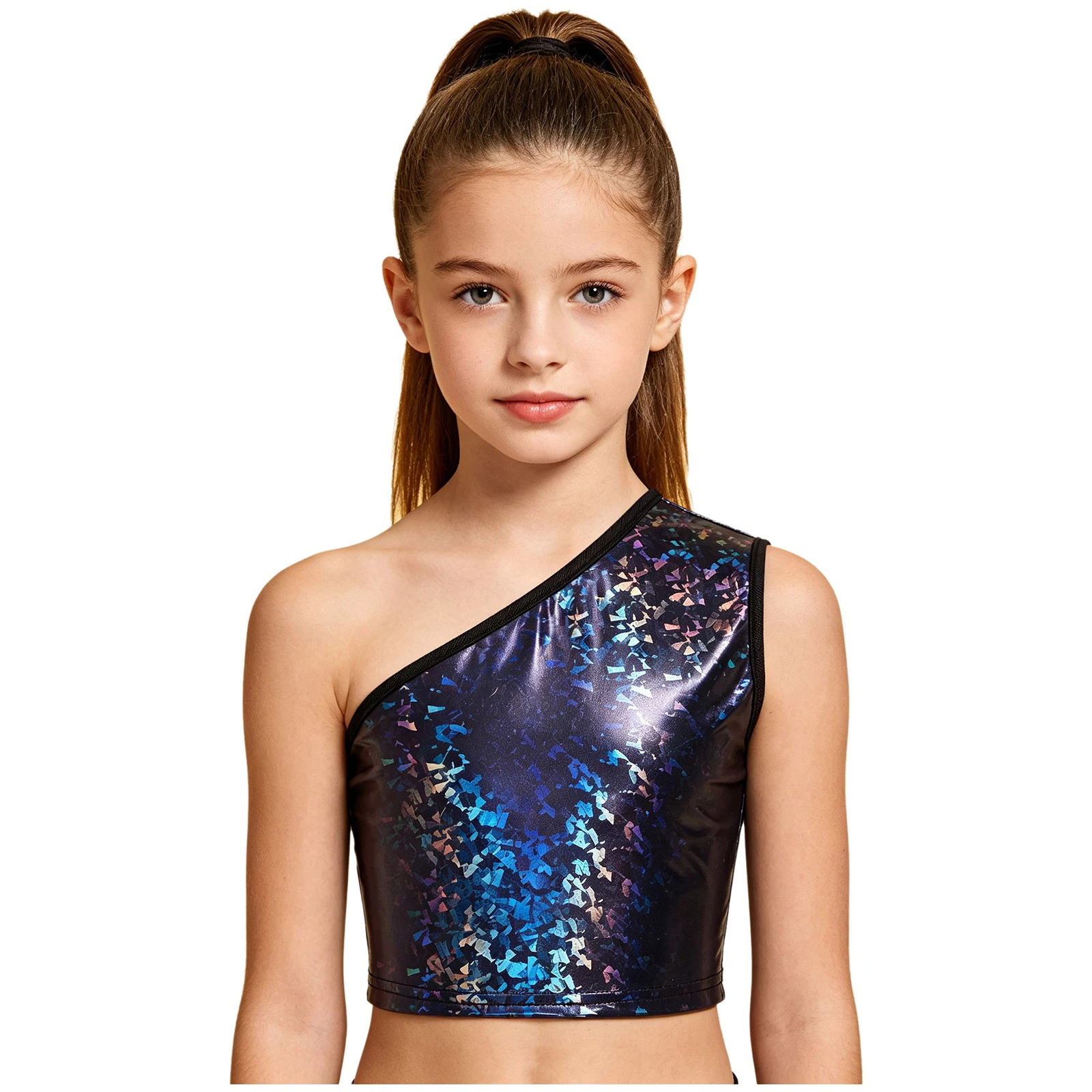 Kinder Jungen Ärmelloses Glänzendes Crop-Top Mädchen Hip-Hop Jazz-Tanz-Oberteil Einschultriges Metallic-Crop-Top Jazz-Tanz-Auftrittskostüm – Detail 14