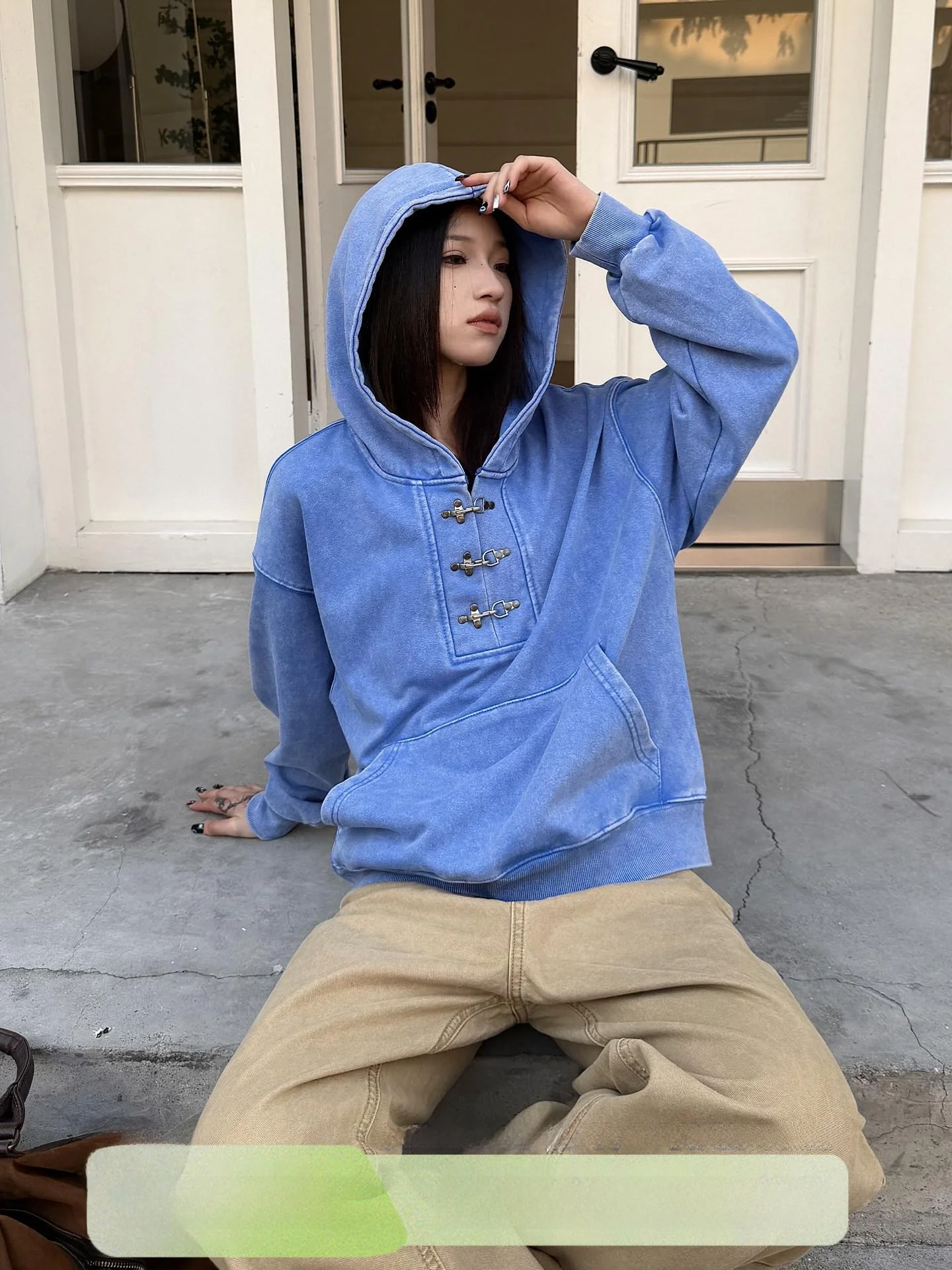 

Don Cry Heavyweight Washed Vintage Blue Lobster Buckle Hoodie Loose Unisex Design Short Wide Top Street Style Cotton Polyester