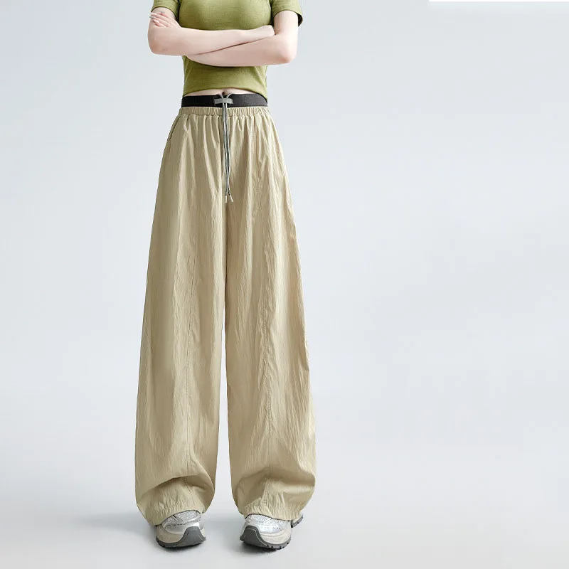 Mix Color Double Layer Elastic Waist Sports Pants Women Loose Wide Leg Casual Trousers Woman Spring Autumn Drawstring Long Pants
