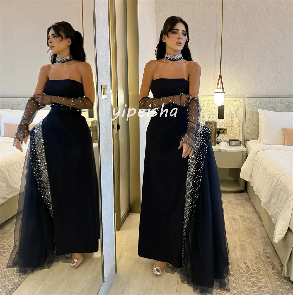 Abiti lunghi senza spalline dritti con paillettes in jersey intricato personalizzato di alta qualità Abiti da cerimonia su misura eleganti