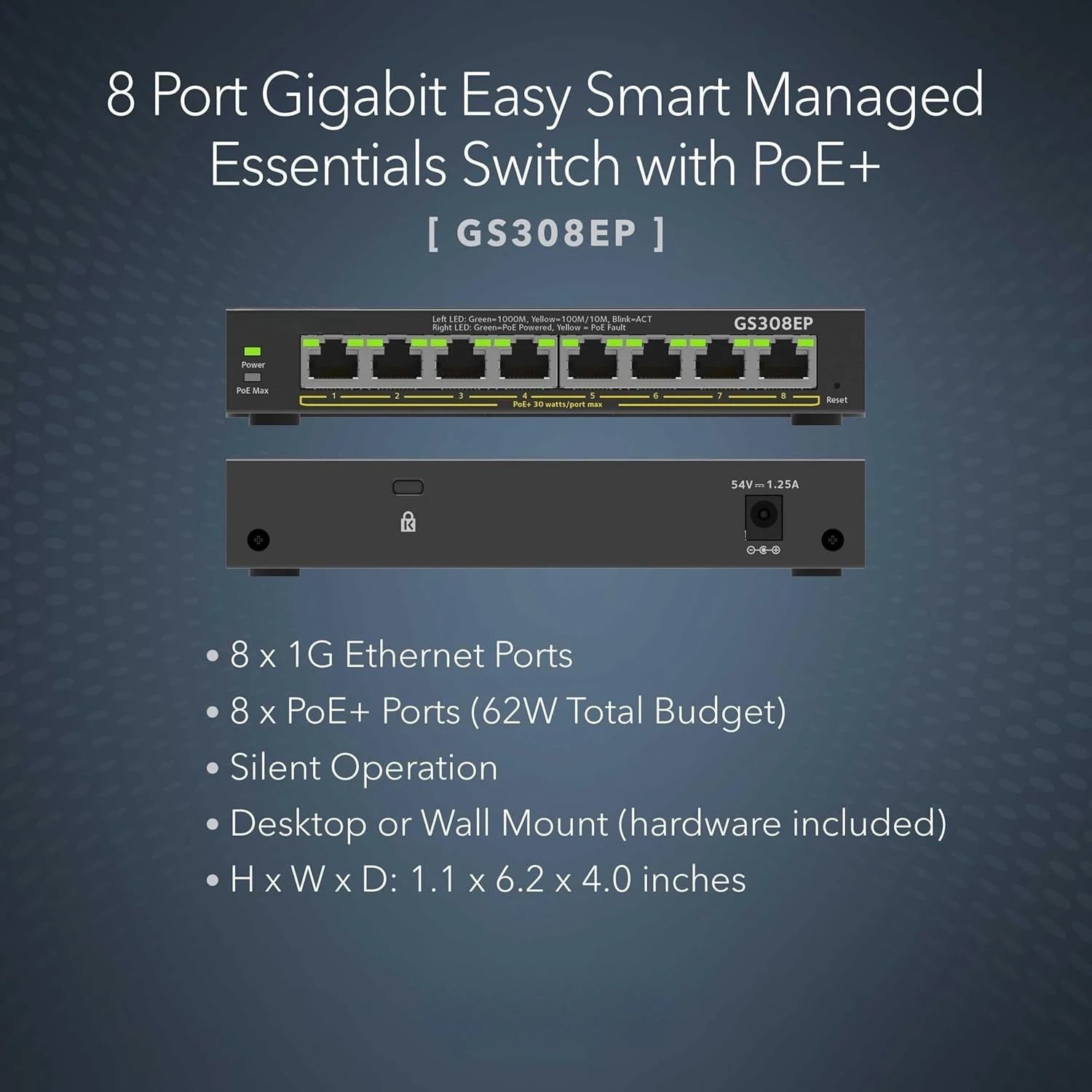 

8-портовый коммутатор PoE Gigabit Ethernet Easy Smart Managed Essentials (GS308EP) — с 8 x PoE+ @ 62 Вт, настольным или настенным креплением — горячая распродажа