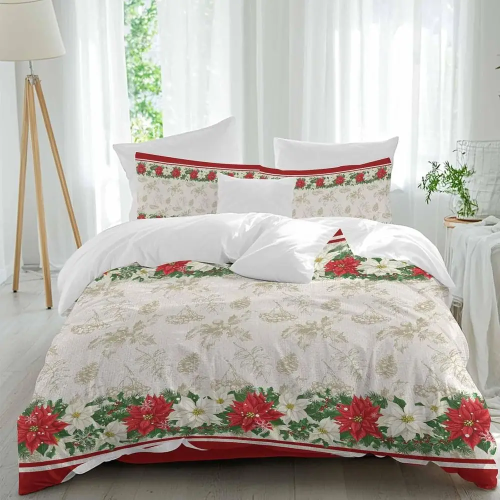 

Chrisas Poinsettia Sheet Set, Red White Poinsettia loral Pine Needles Cones Holly Red 4 Pieces Breathable Sot Duvet Cover Set Be