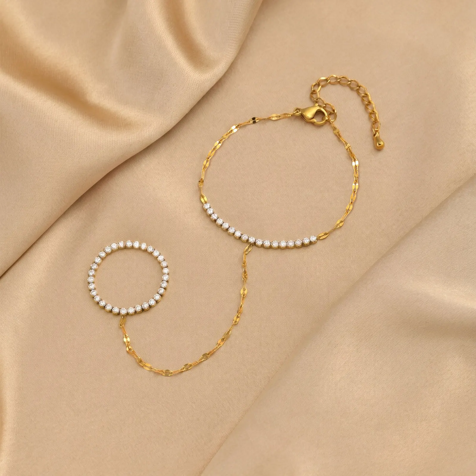 Bohemian Ring Bracelet Finger Hand Chain, 18K Gold Plated Stainless Steel, Waterproof Bead Slave Bracelet Jewelry for Women