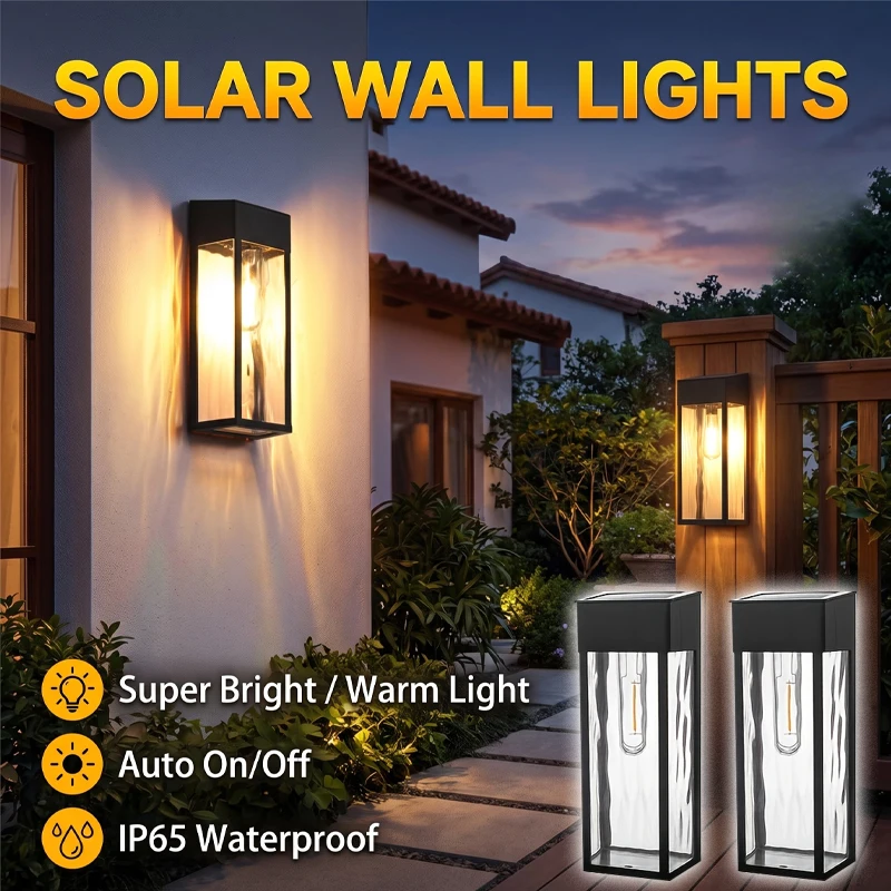 Solar Wall Light Outdoor Waterproof LED Vintage Tungsten Filament Lamp Solar Powered for Patio Garden Porch Yard Fence Decor