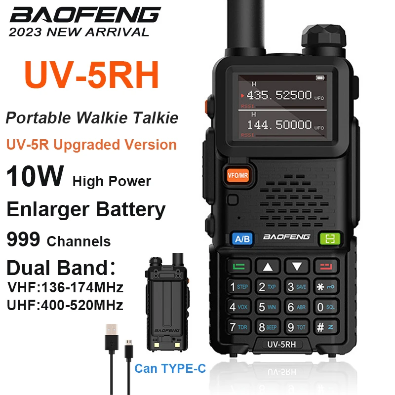 

BAOFENG UV-5RH Walkie Talkie 10W Dual Band 999CH 2500mAh Enlarger Battery Can TYPE-C Charge UV-5R Upgraded Version BF-UV5RH