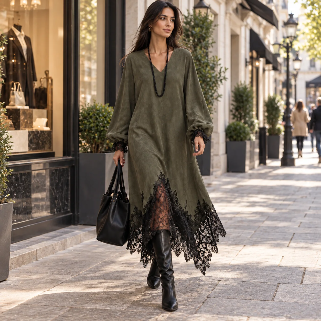 Women Suede Lace V Neck Maxi Dress Loose Long Sleeve Autumn Winter Elegant Coffee Robe Female Clothing Streetwear Casual