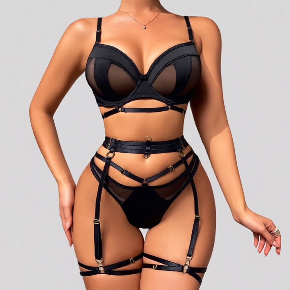 Durchsichtige Mesh-Dessous, sexy Unterwäsche, attraktiver Patchwork-BH, luxuriöse Push-Up-BH-Sets mit Strumpfhalter.