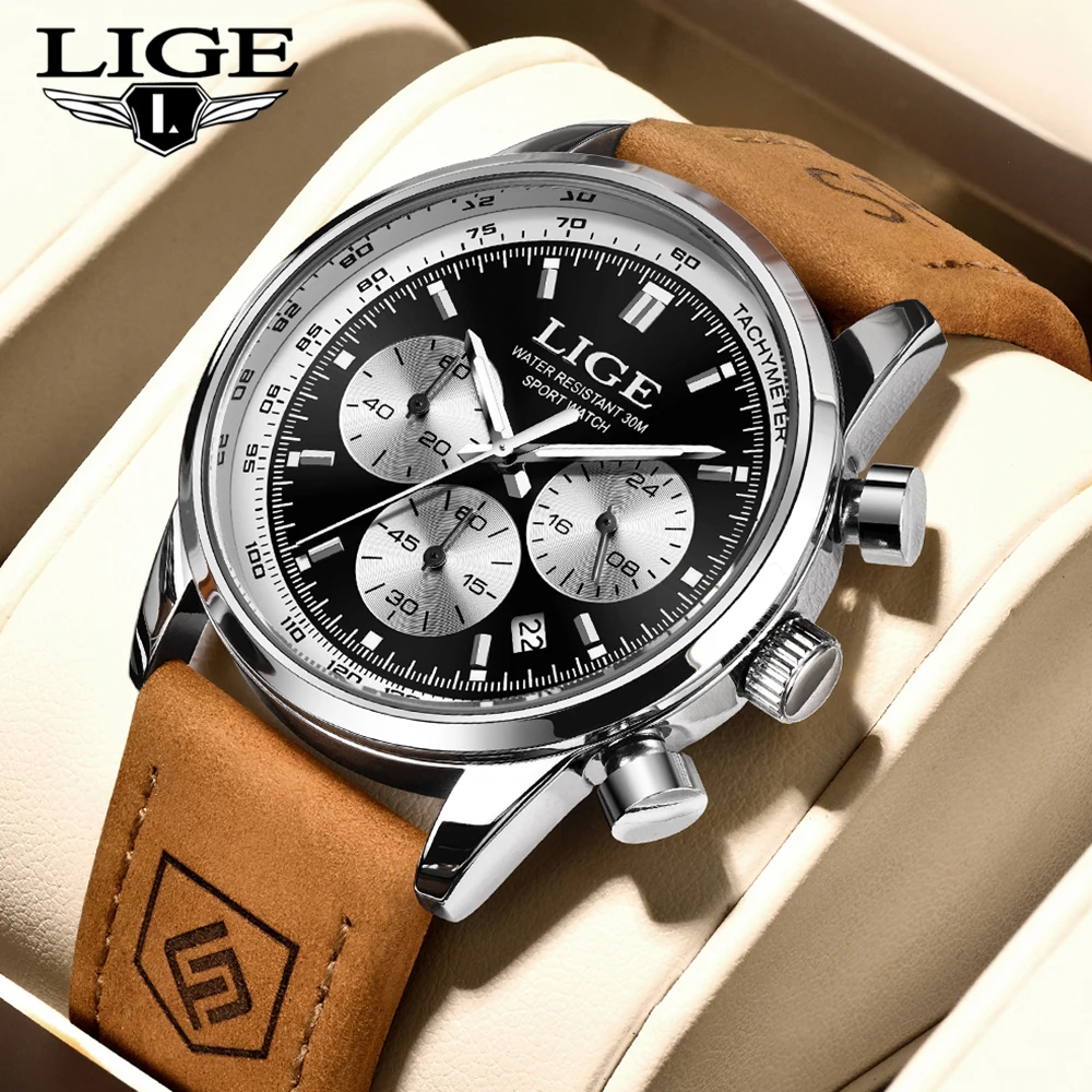 LIGE Men Watch High Quality Luxury Waterproof Chronograph Luminous Men\'s Wristwatch Leather Quartz Watches For Men Casual Clock