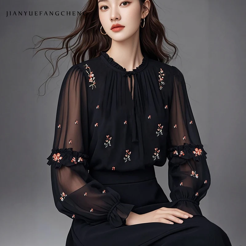 2025 Summer Lightweight Embroidered Chiffon Blouse for Women - Long Sleeve Black Top Floral Pattern Embroidery, Plus Size Shirts