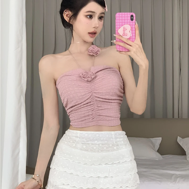 Tanks Women Summer Backless Solid Pleated Irregular Slim Aesthetic Exquisite Y2k Trendy Cropped Beached Fairycore Sexy