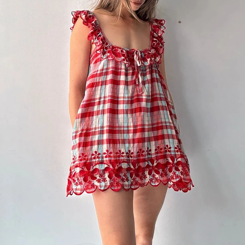 2026 Sexy Rüschenkanten-Urlaubskleid Süßes Verspieltes Trägerkleid Strandkleid mit Karomuster Ärmelloses Lockeres Damen-Minikleid