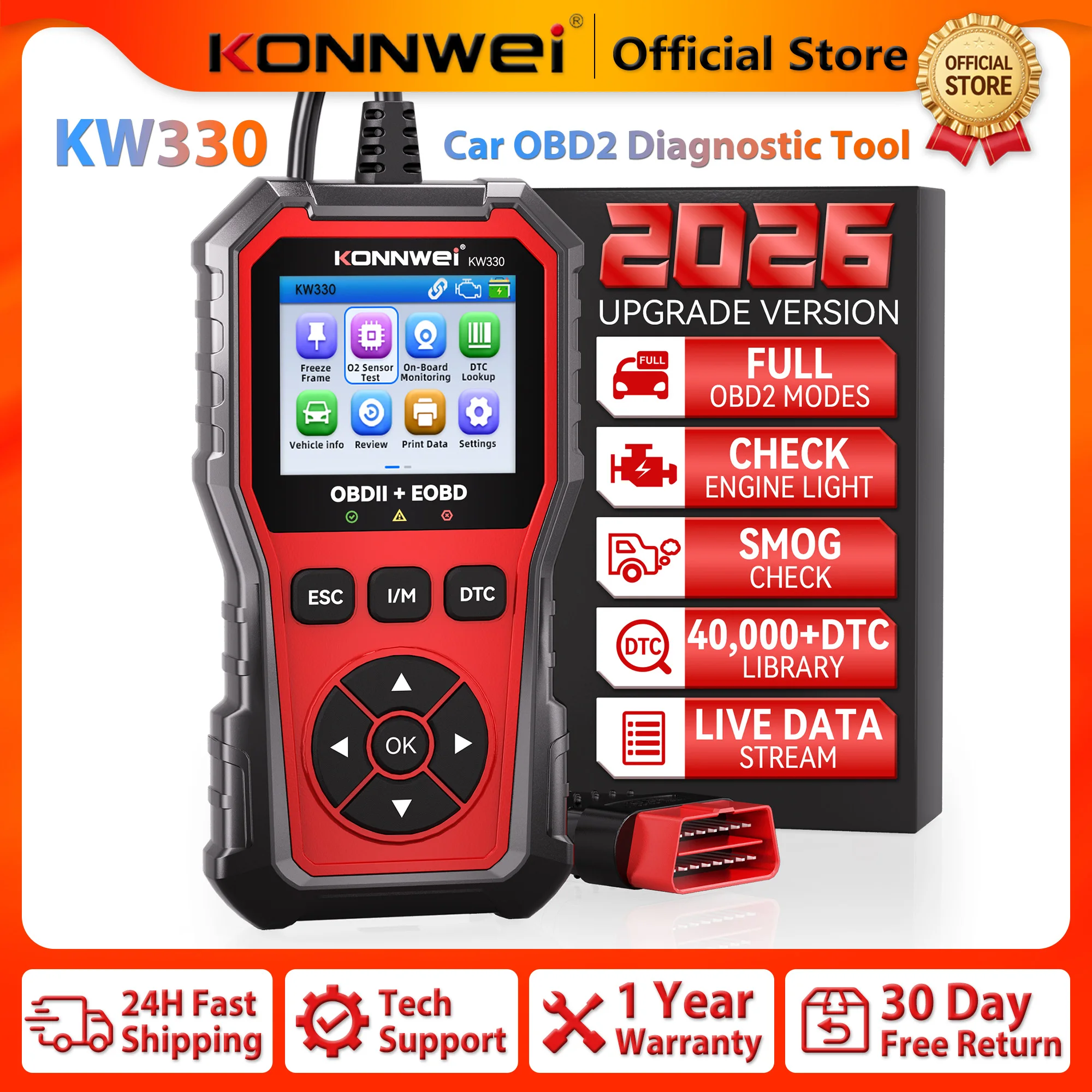 2026 KONNWEI KW330 Car OBD2 Diagnostic Tool Professional Engine Battery Testing Fault Code Erase Real-Time Data Scanner Function