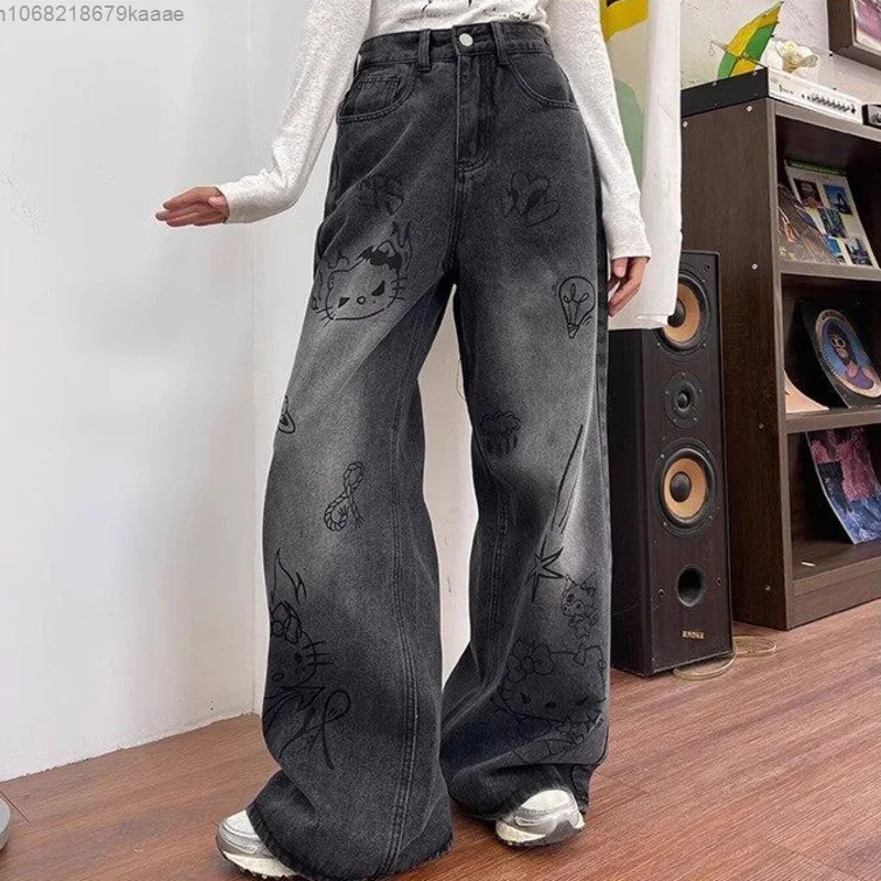 Sanrio Hello Kitty  Graffiti Washed Black Baggy Jeans Women Cartoon Vintage Streetwear Wide Leg Pants Y2k Korean Trend Trousers