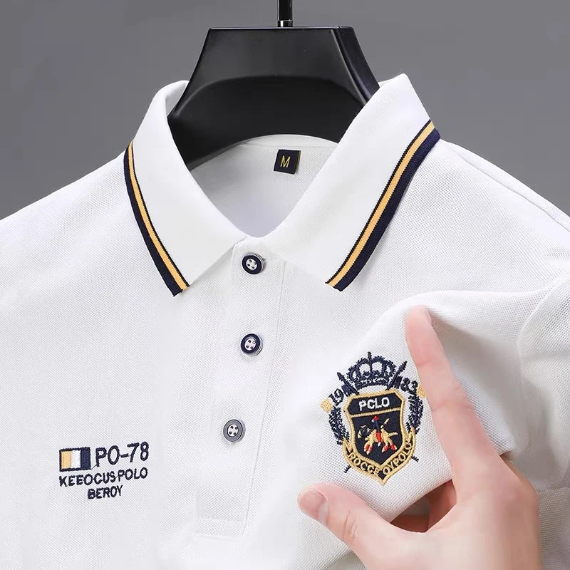 Luxury brand polo shirt short sleeve exquisite embroidered men's top silk smooth breathable silk cotton casual summer T-shirt