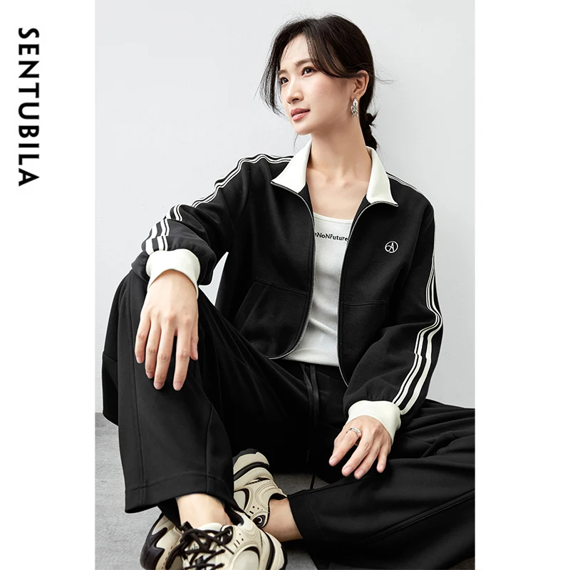 

SENTUBILA повседневные черные куртки для женщин, хлопок 2022, зимнее свободное лоскутное спортивное пальто с отложным воротником на молнии 143W56386