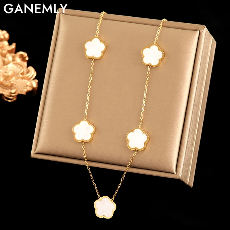 GANEMLY 316L Edelstahl Weiß Fünf Blatt Blume Halskette Für Frauen Mode Wasserdicht Klee Hals Kette Schmuck Kragen Geschenk