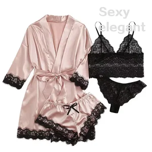 4 peças mulher pijamas ser com robe sexy renda lingerie roupão de seda cetim casa roupas de noite robe 10 principais vendas roupão de banho femenino - №4